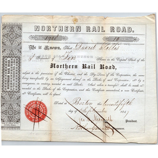 1847 Boston, MA Northern Railroad Stock Certificate No. 1908 for 10 Shares