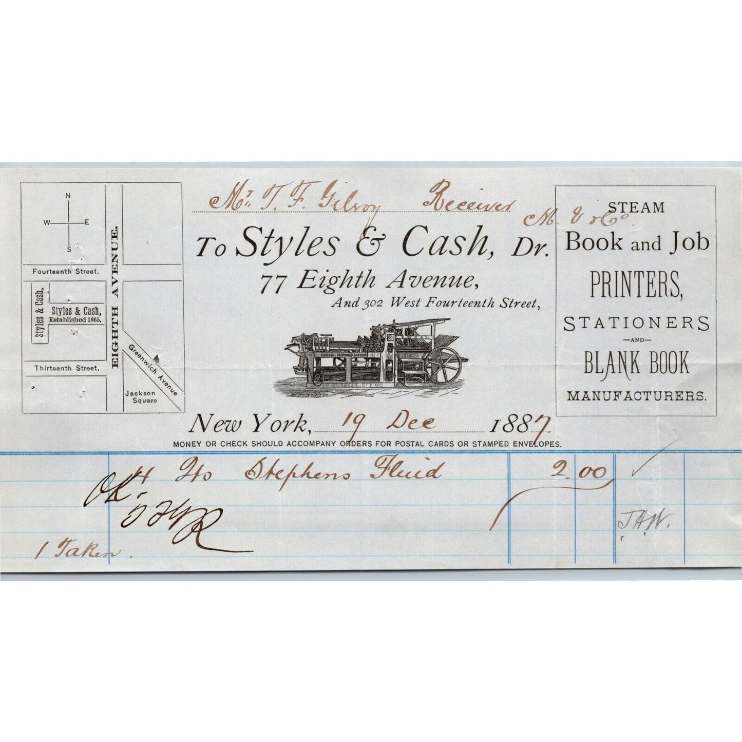 1887 Styles & Cash Stationers Book Printers Billhead Letterhead 77 8th Ave NYC