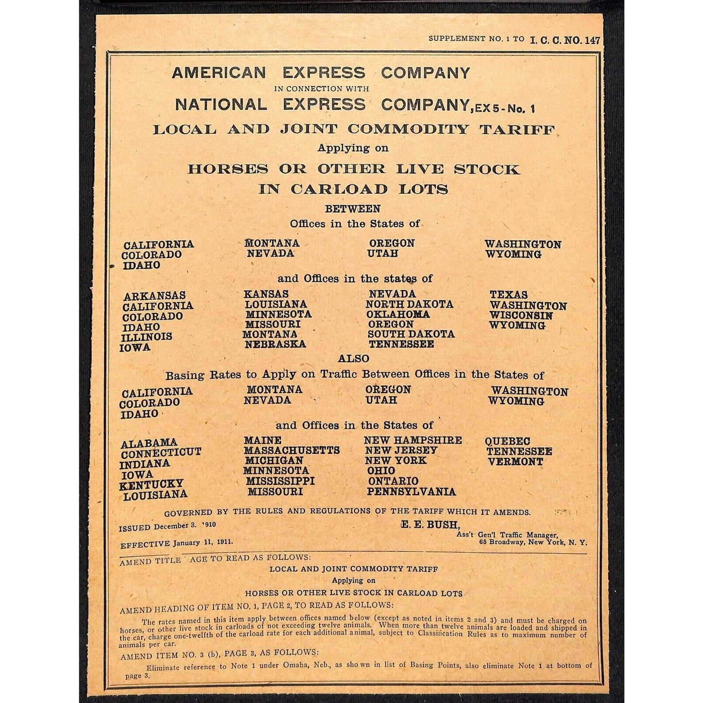American Express 1911 Livestock Commodity Tariff Notice Sheet - Railroad VGC