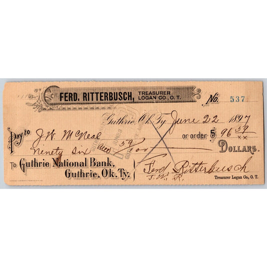 Guthrie, Oklahoma 1897 Territorial "Guthrie National Bank" Check - on Laid Paper