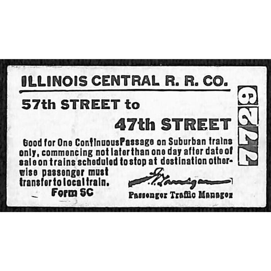 Illinois Central Railroad Unused Ticket 57th Street to 47th Street #7729