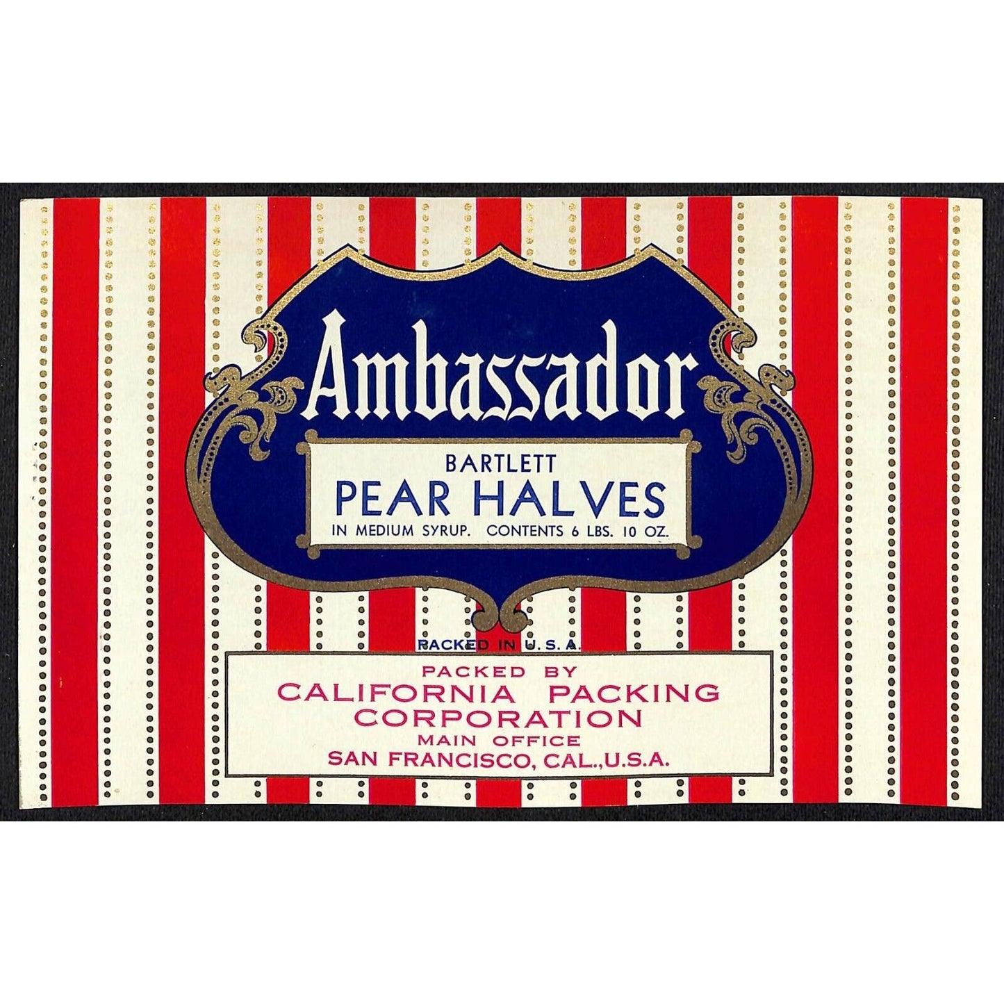1941 Paper Can Label Ambassador Pear Halves California San Francisco 6 Lbs.