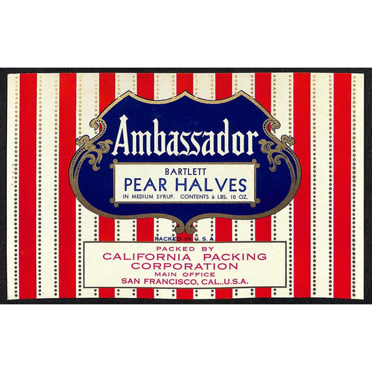 1941 Paper Can Label Ambassador Pear Halves California San Francisco 6 Lbs.