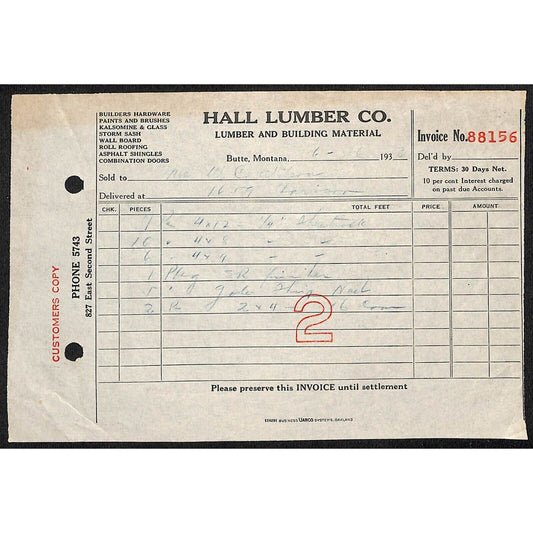 Hall Lumber Co. Butte Montana c1933 Billhead Letterhead Wilson Drug