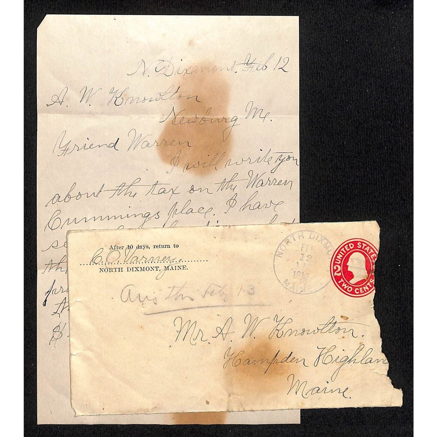 Hampden Highlands, ME Amos W. Knowlton* 1912 ALS re: Delinquent Real Estate Tax