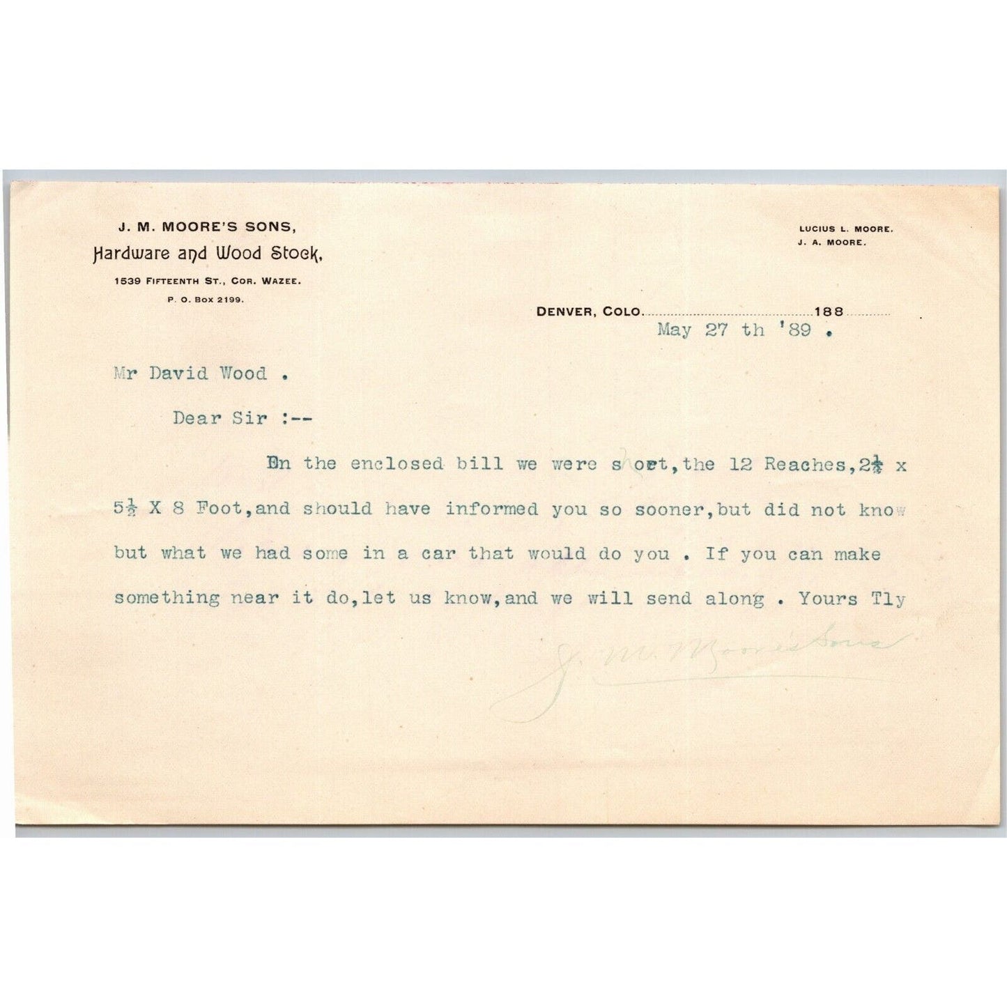 1889 Denver, CO J.M. Moore's Sons Hardware and Wood Stock Letterhead - Scarce