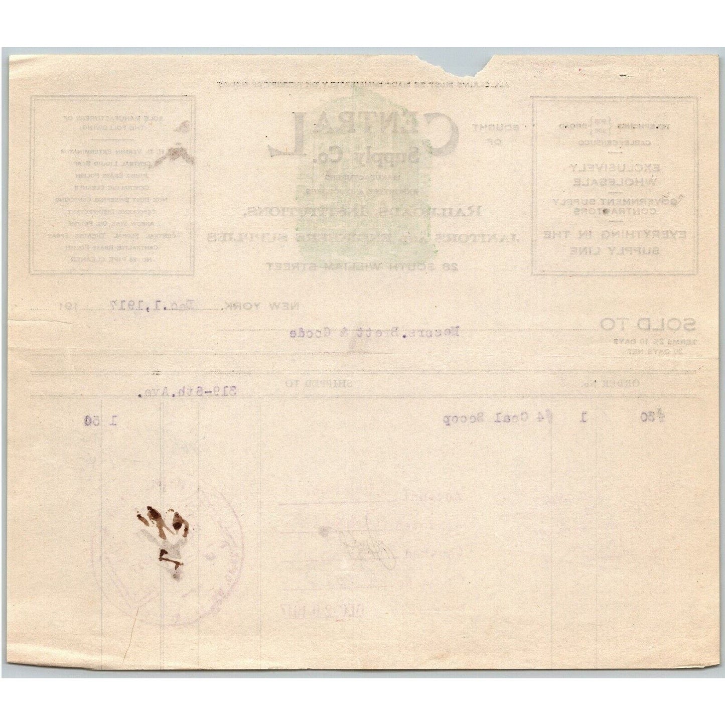 1917 Central Supply Co. Soap Brass Polish Billhead Letterhead South William NYC