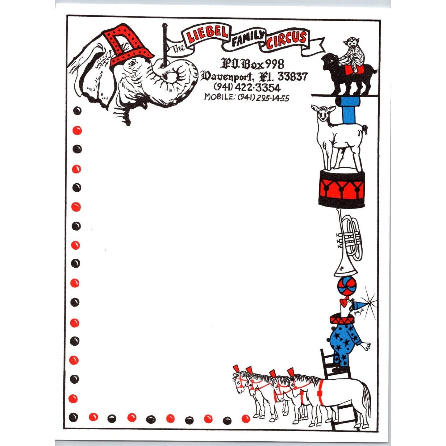 Liebel Family Circus Letterhead Davenport, FL Elephant Clown c1990's