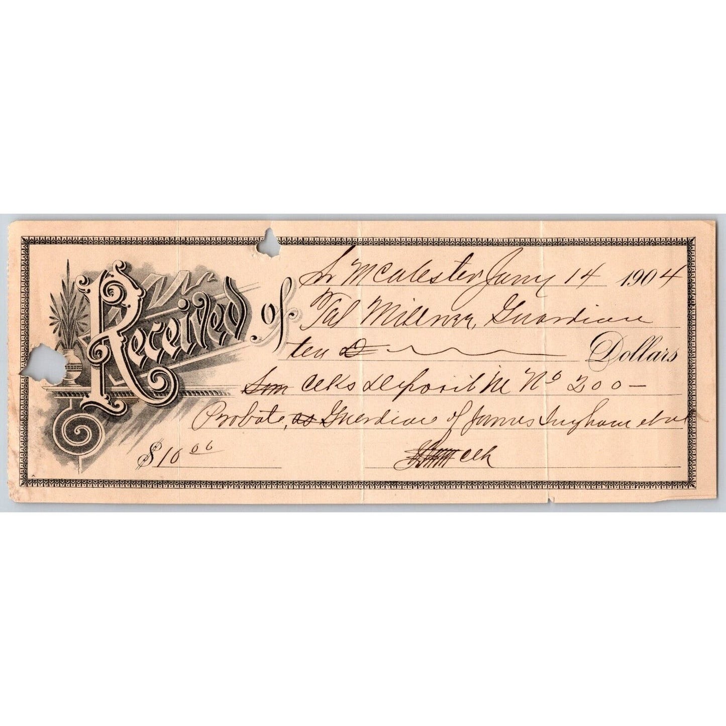 Oklahoma 1904 Territorial Receipt re: Probate