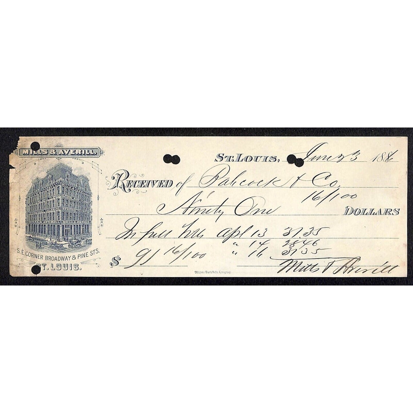 Mills & Averill St. Louis 1886 Bank Check - w/ Vignette Tailors Clothing Scarce