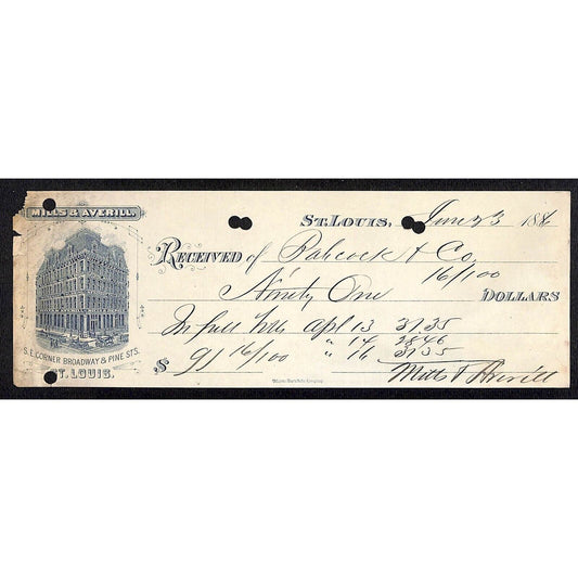 Mills & Averill St. Louis 1886 Bank Check - w/ Vignette Tailors Clothing Scarce