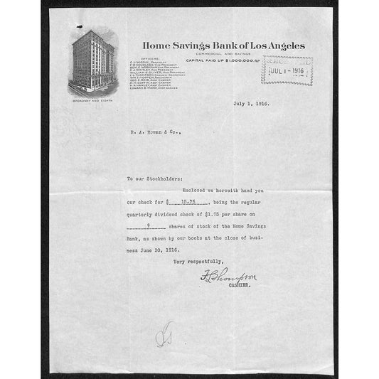 Home Savings Bank of Los Angeles 1916 Letterhead R.A. Rowan Dividend Check