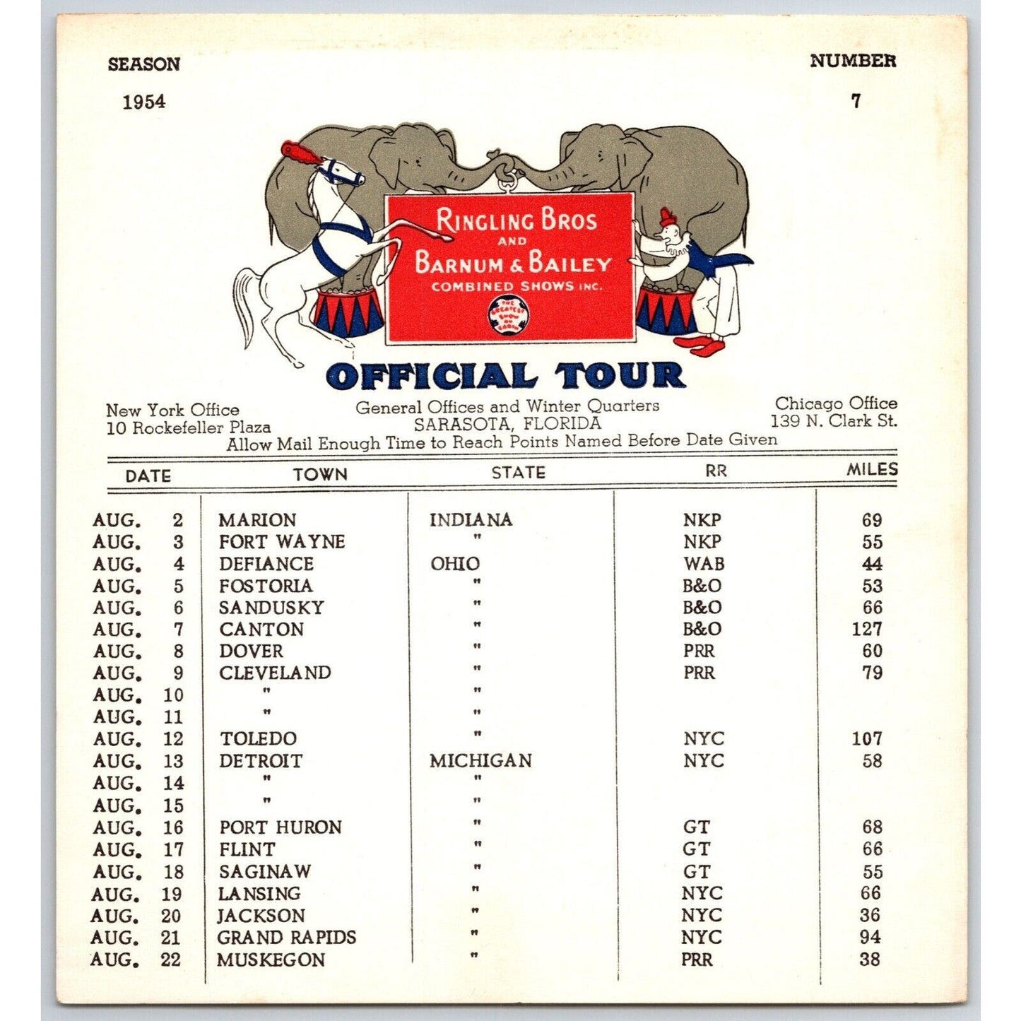 1954 Ringling Bros Barnum Bailey Circus Route Card Fort Wayne Fostoria Dover