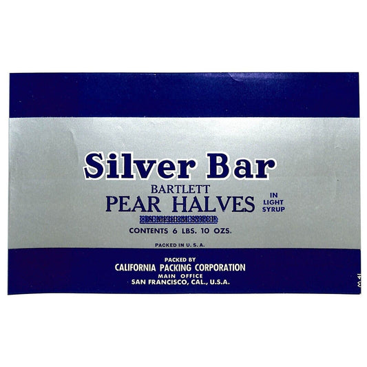 1947 Paper Can Label Silver Bar Brand Bartlett Pears - California Packing