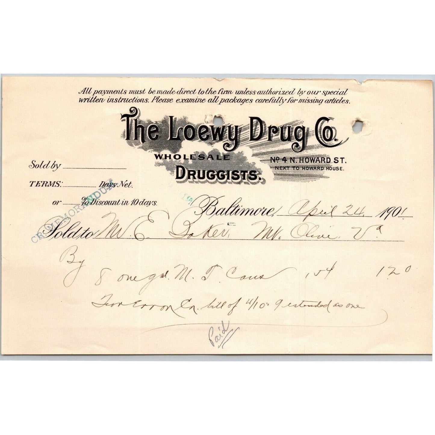 1901 Letterhead Billhead Loewy Drug Co. Druggist Baltimore - Ephraim Baker*