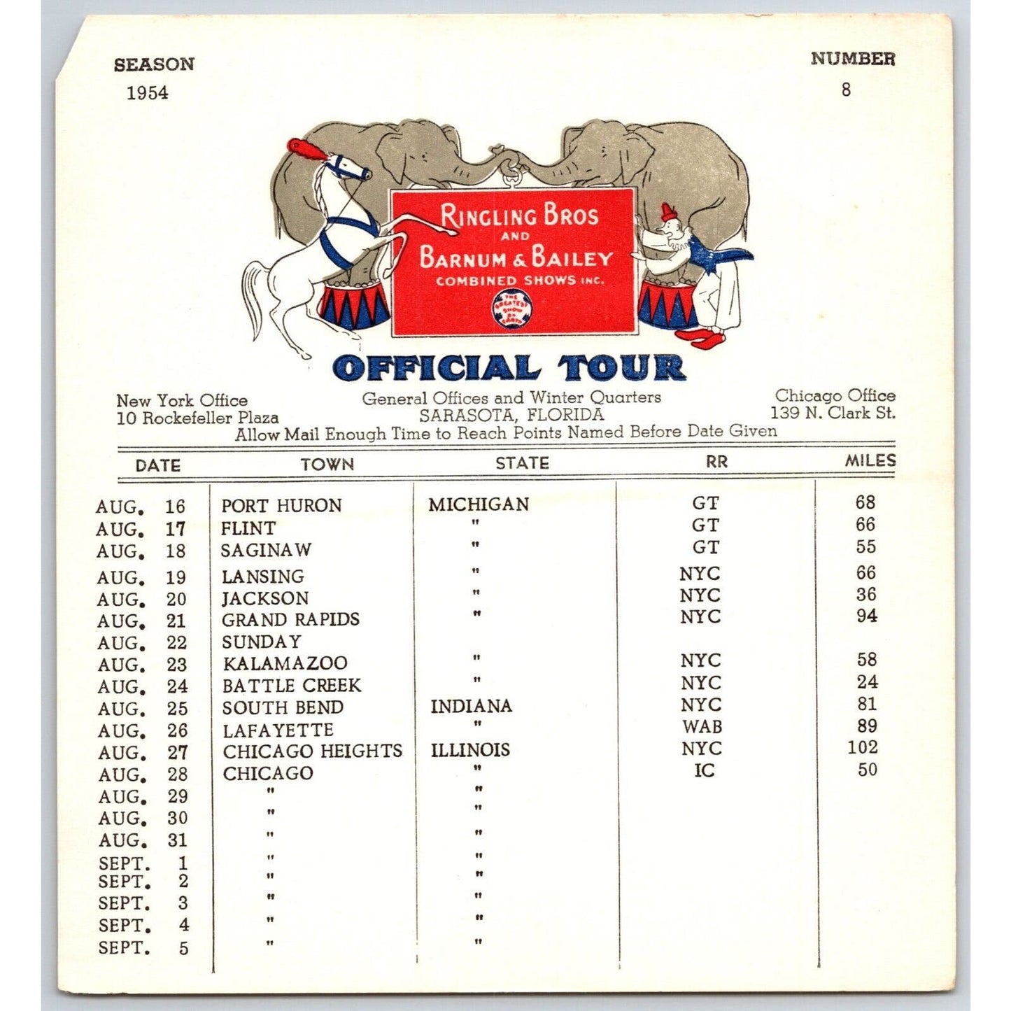 1954 Ringling Bros Barnum Bailey Circus Route Card Port Huron Flint Lansing