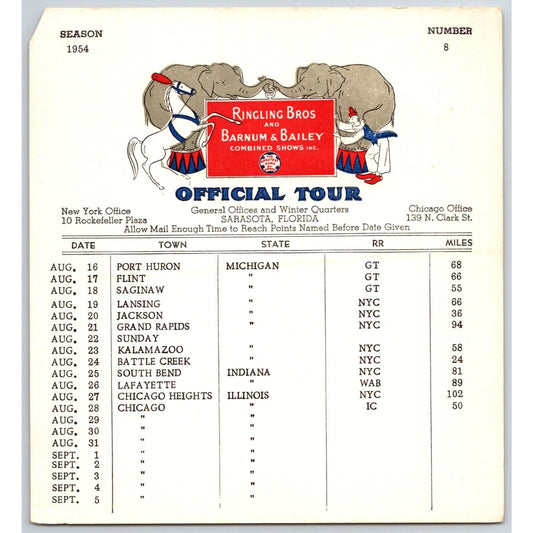 1954 Ringling Bros Barnum Bailey Circus Route Card Port Huron Flint Lansing