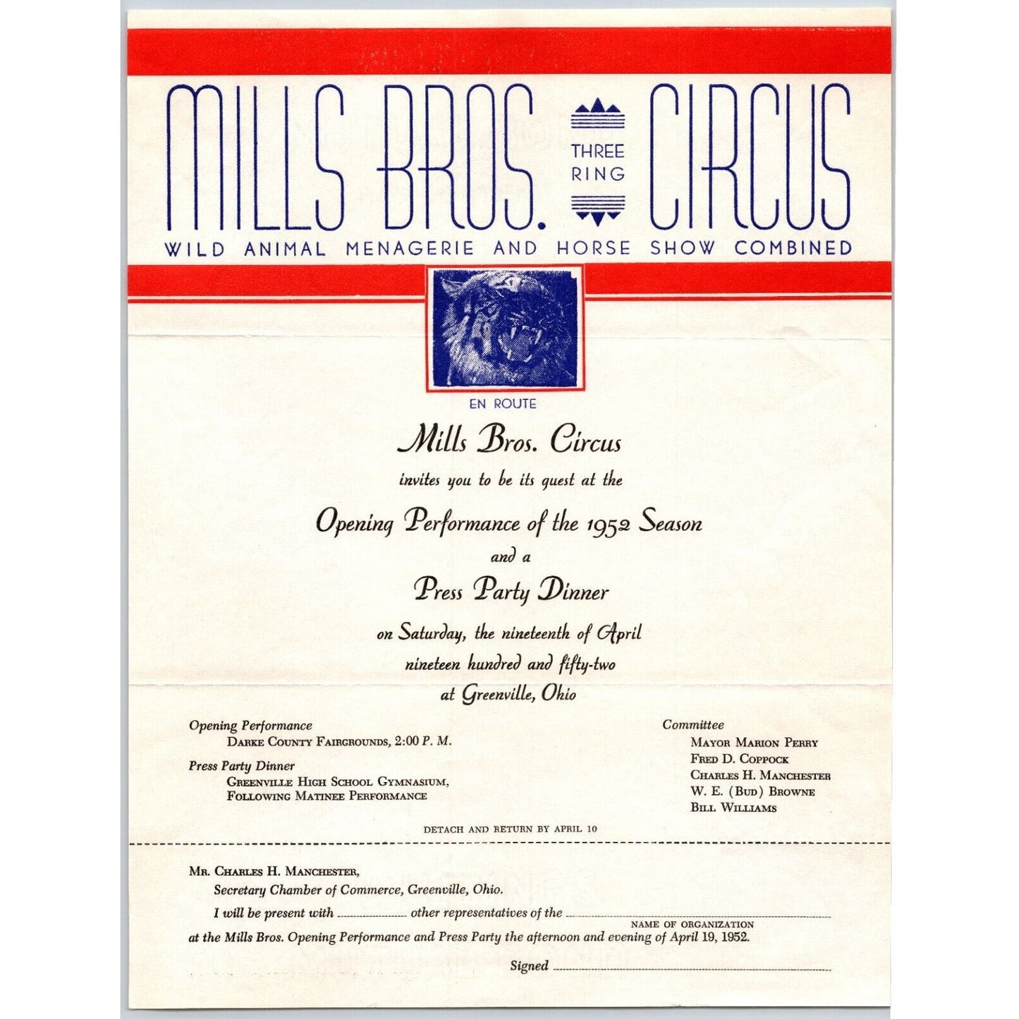 Miller Bros. 3 Ring Circus Letterhead re: Press Party Dinner c1952 Scarce