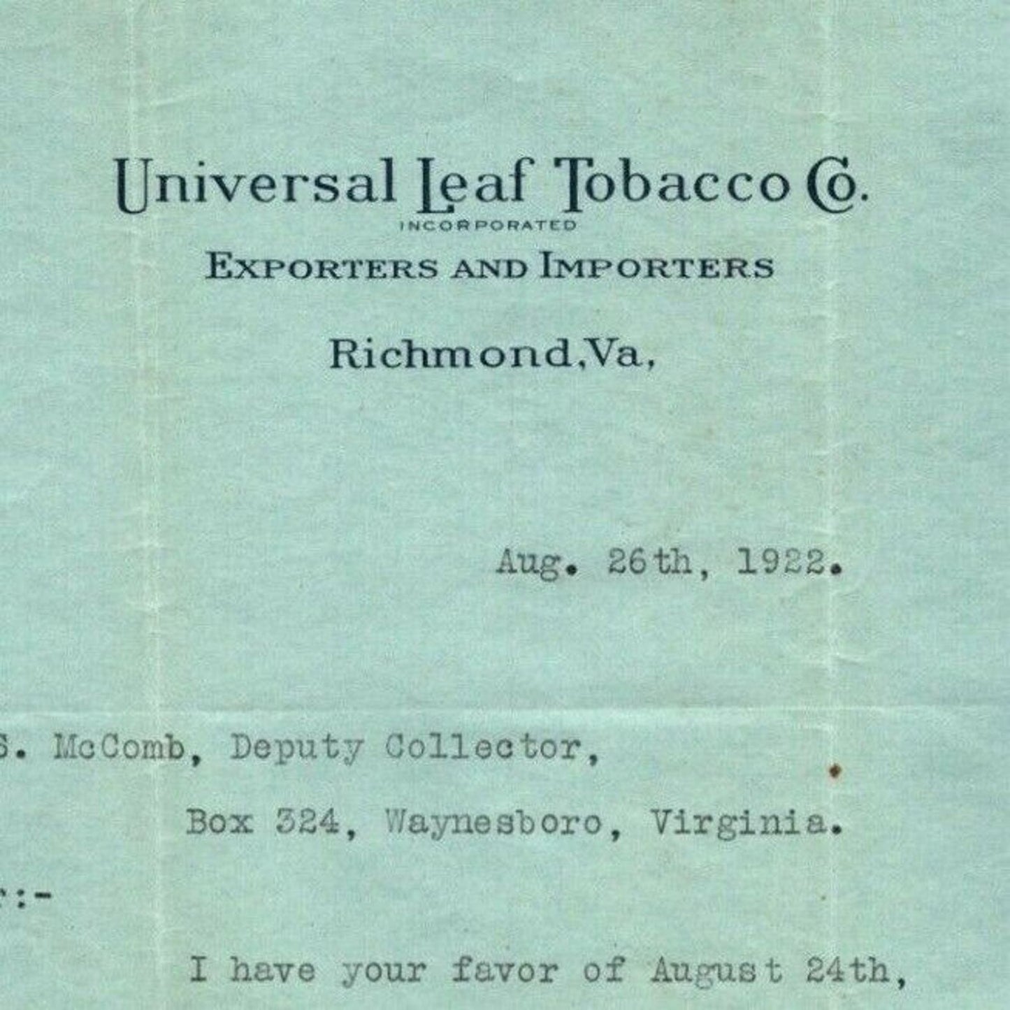 1928 Richmond, VA Letterhead Universal Leaf Tobacco Co. re: Delinquent Taxes