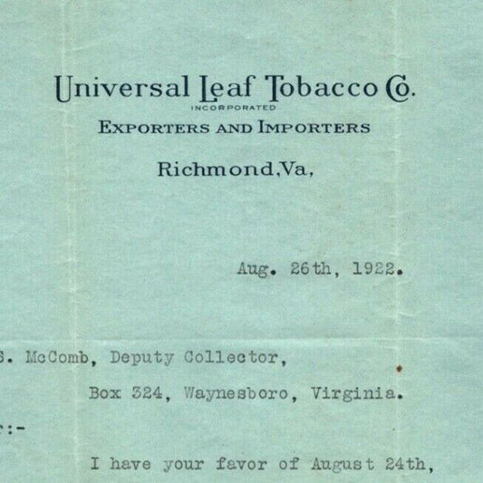 1928 Richmond, VA Letterhead Universal Leaf Tobacco Co. re: Delinquent Taxes