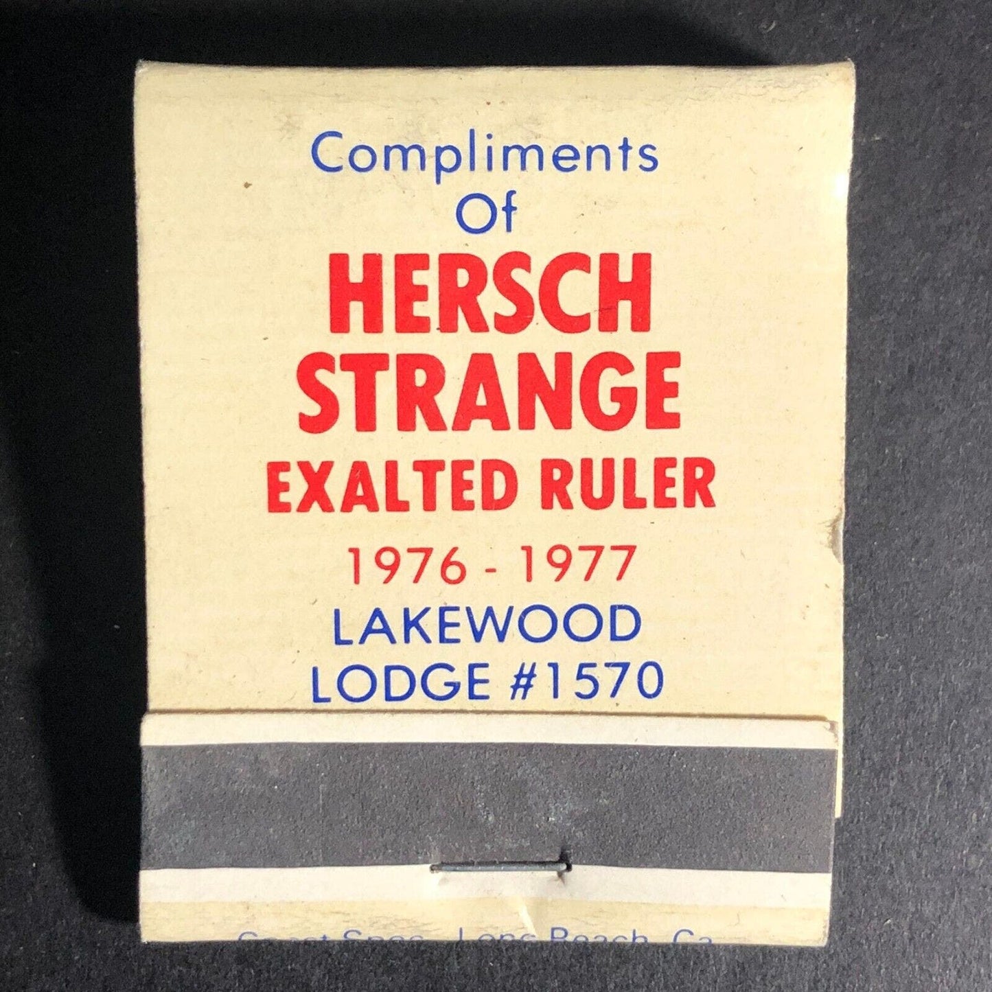 Hersch Strange Exalted Ruler Lakewood Matchbook c1976 VGC 20-Strike BPOE
