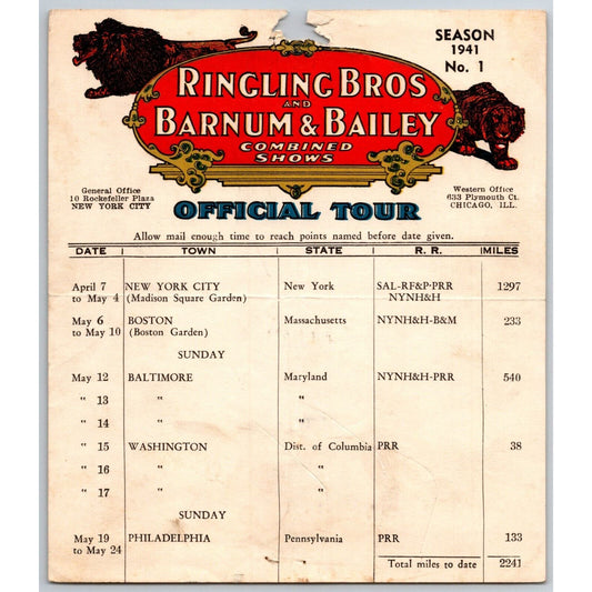 1940 Ringling Bros Barnum & Bailey Circus Route Card Madison Square Garden