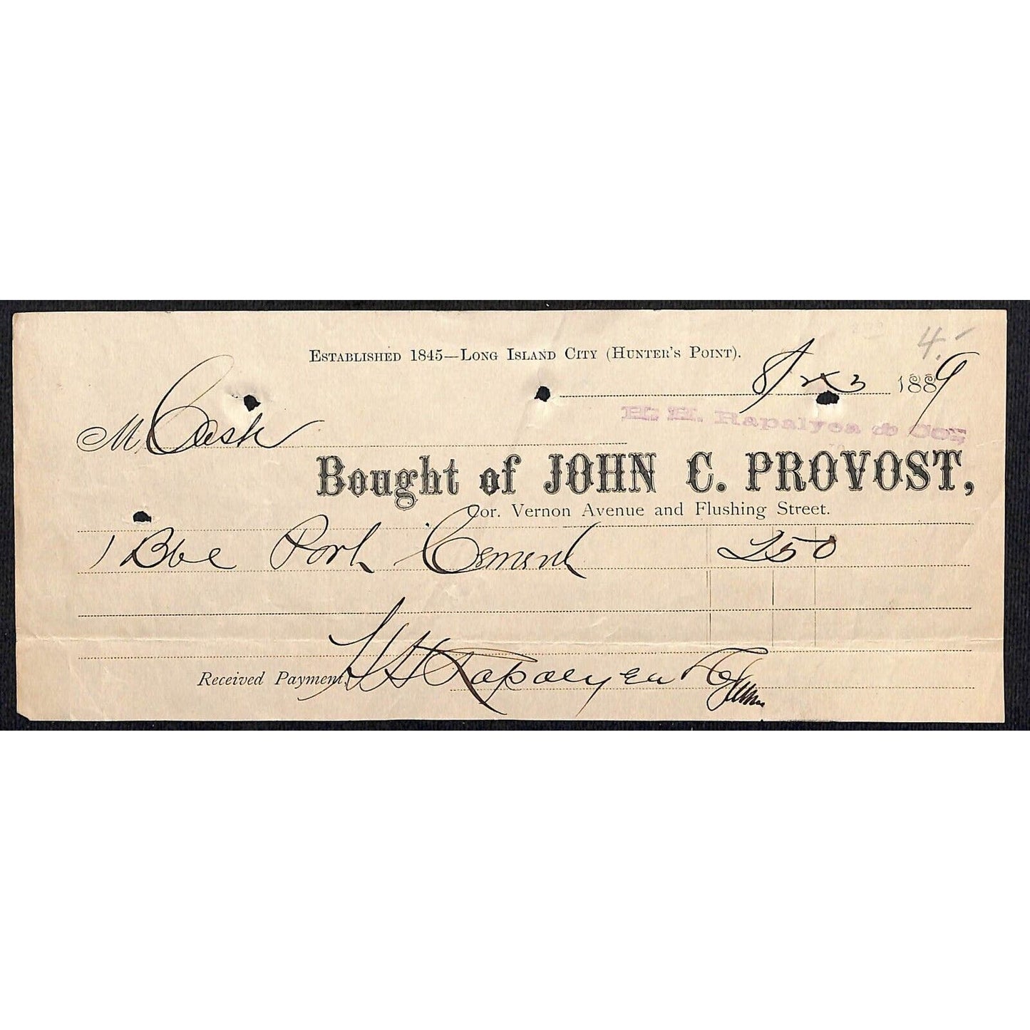 Long Island City, NY John C. Provost 1889 Letterhead for Portland Cement