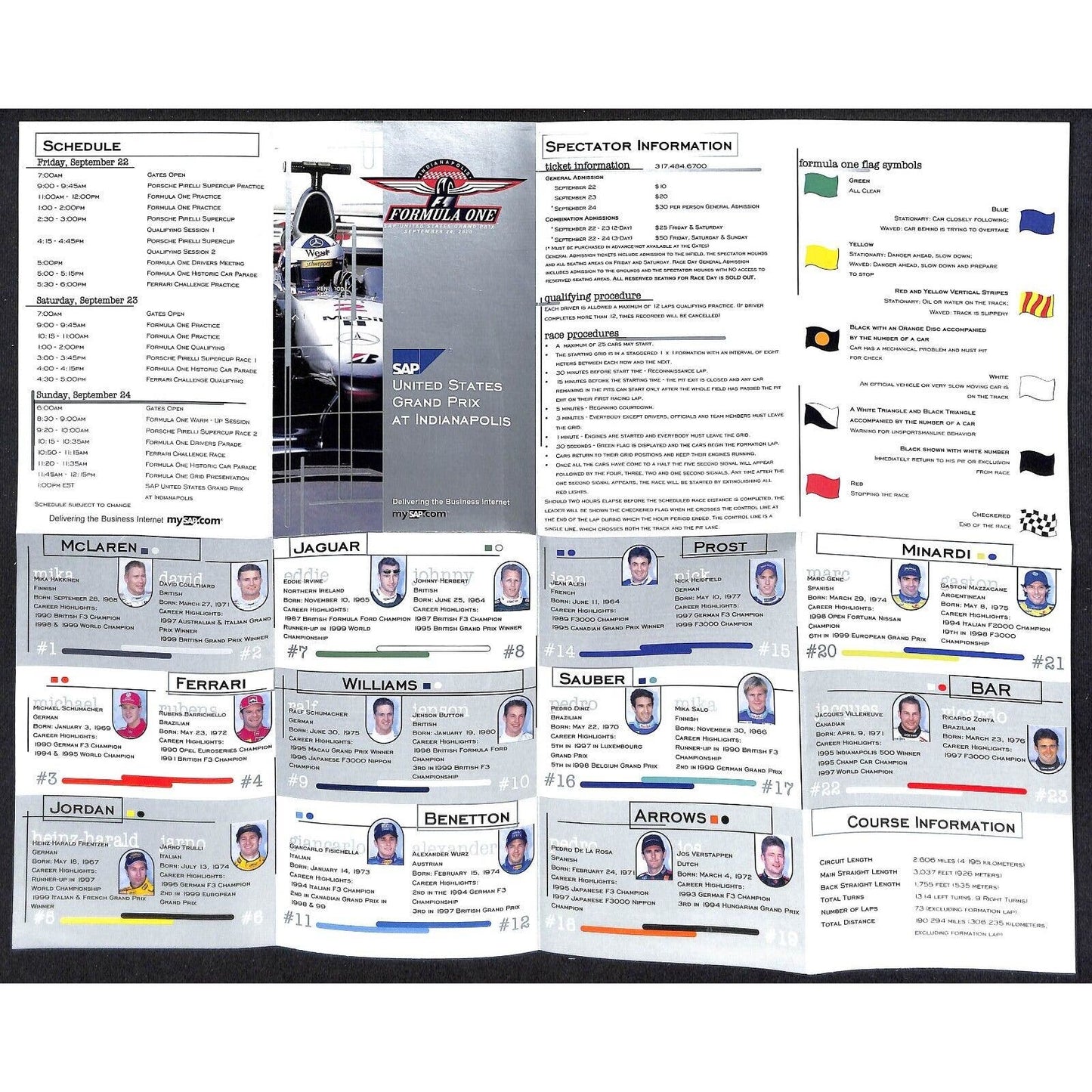 2000 F1 Formula One at Indianapolis Racing Spectator Pocket Info / Schedule VGC