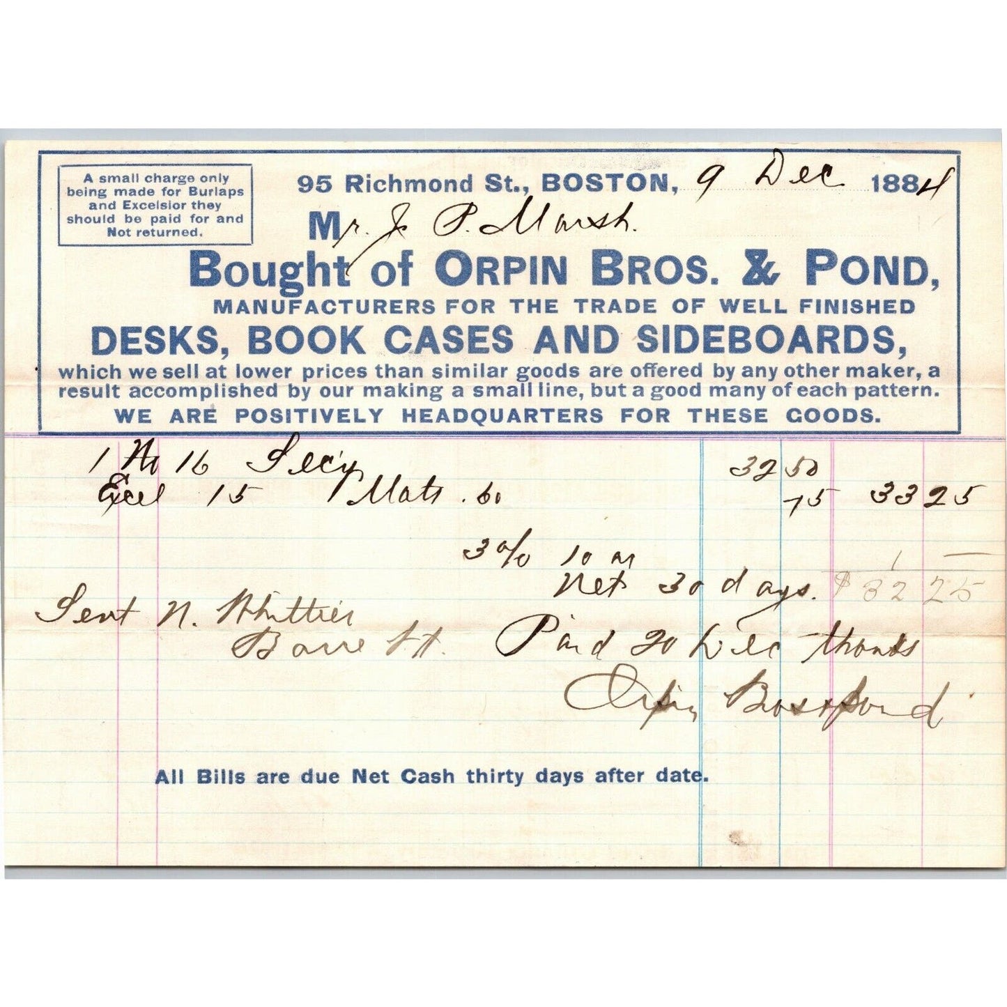Boston, MA Orpin Bros. & Pond Desks Book Cases 1884 Billhead J.P Marsh Bethel VT