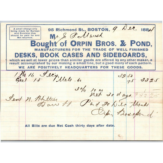 Boston, MA Orpin Bros. & Pond Desks Book Cases 1884 Billhead J.P Marsh Bethel VT