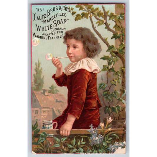 Lautz Bros. & Co. White Soap Victorian Trade Card - Child Blows a Bubble