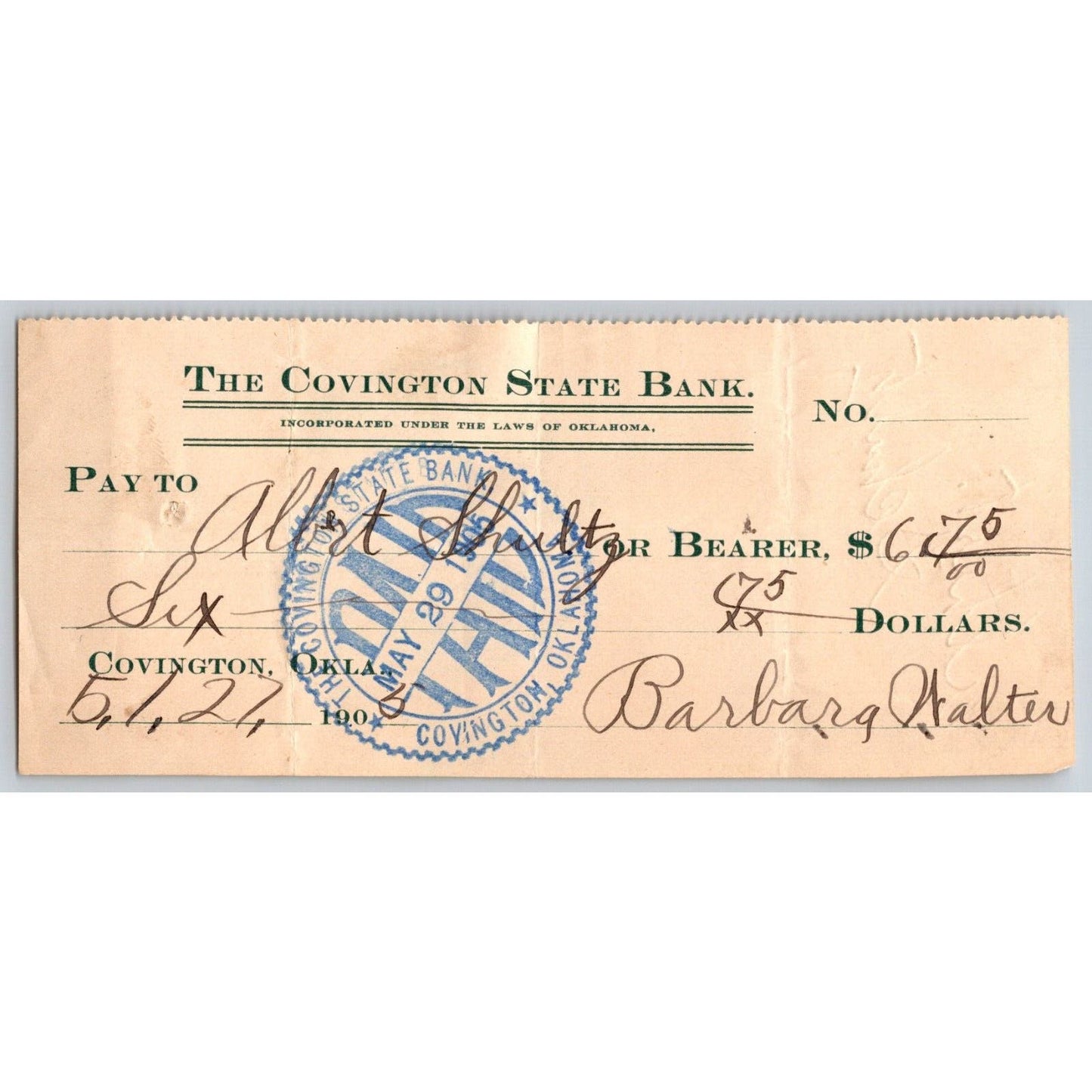 Covington, OK Territorial 1905 Covington State Bank Check w/ Bold Stamp - Scarce