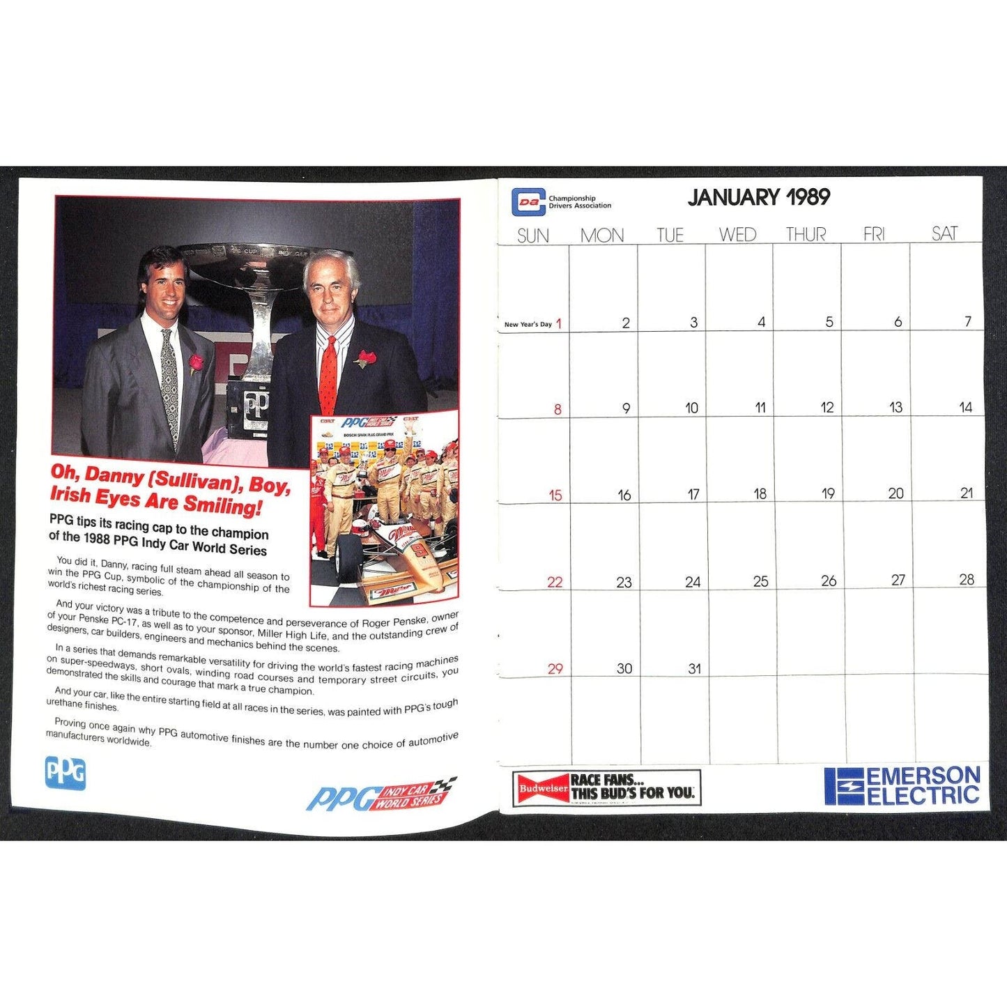 1989 Indy 500 PPG CDA Championship Drivers Assoc. Calendar w/ Danny Sullivan