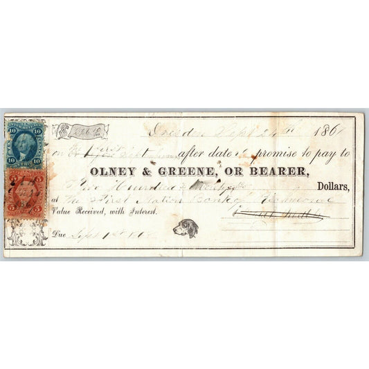 1867 Olney & Greene, or Bearer Bank Check w/ Dog illustration & Tax Stamps