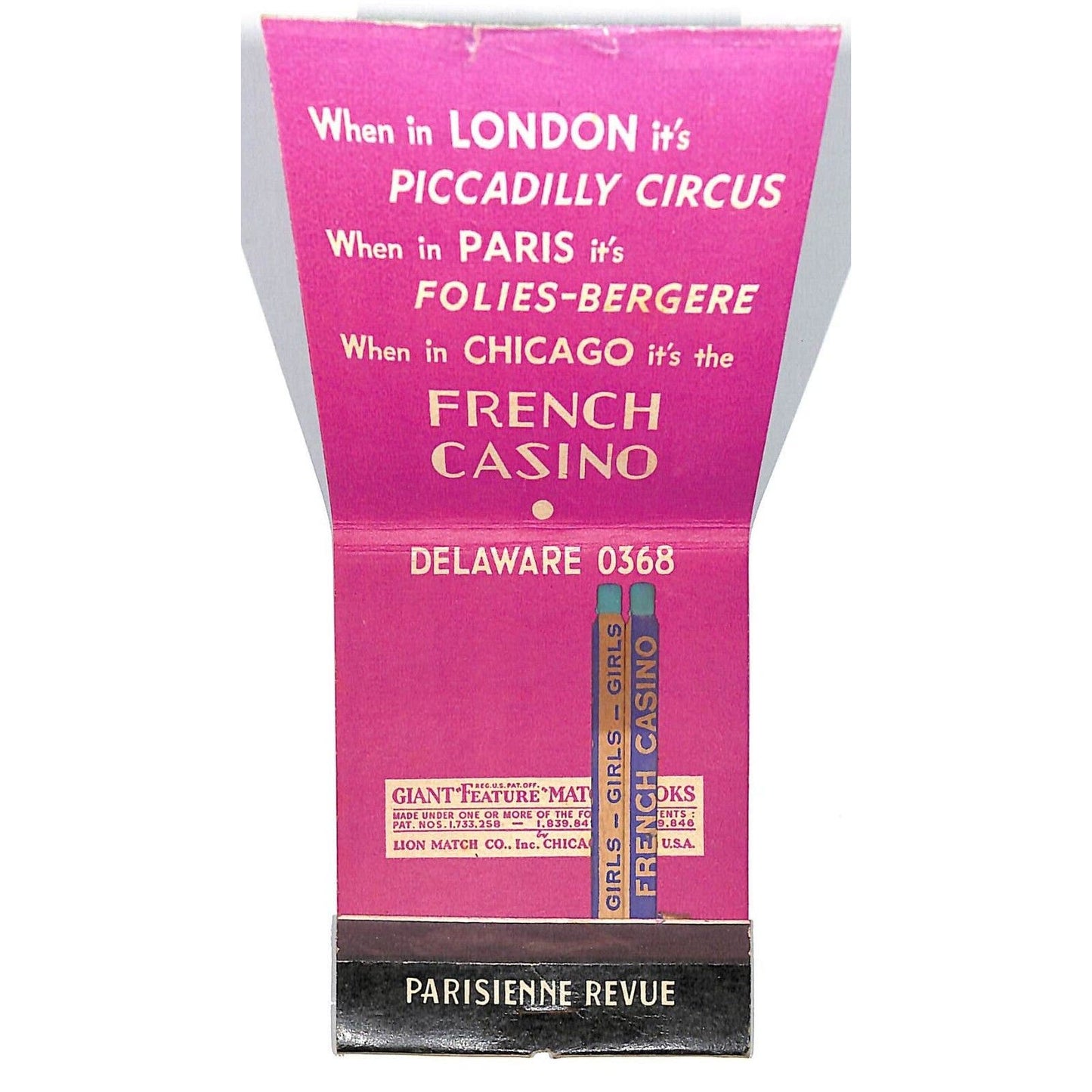 French Casino Chicago GIANT Mostly Empty Matchbook c1934-39