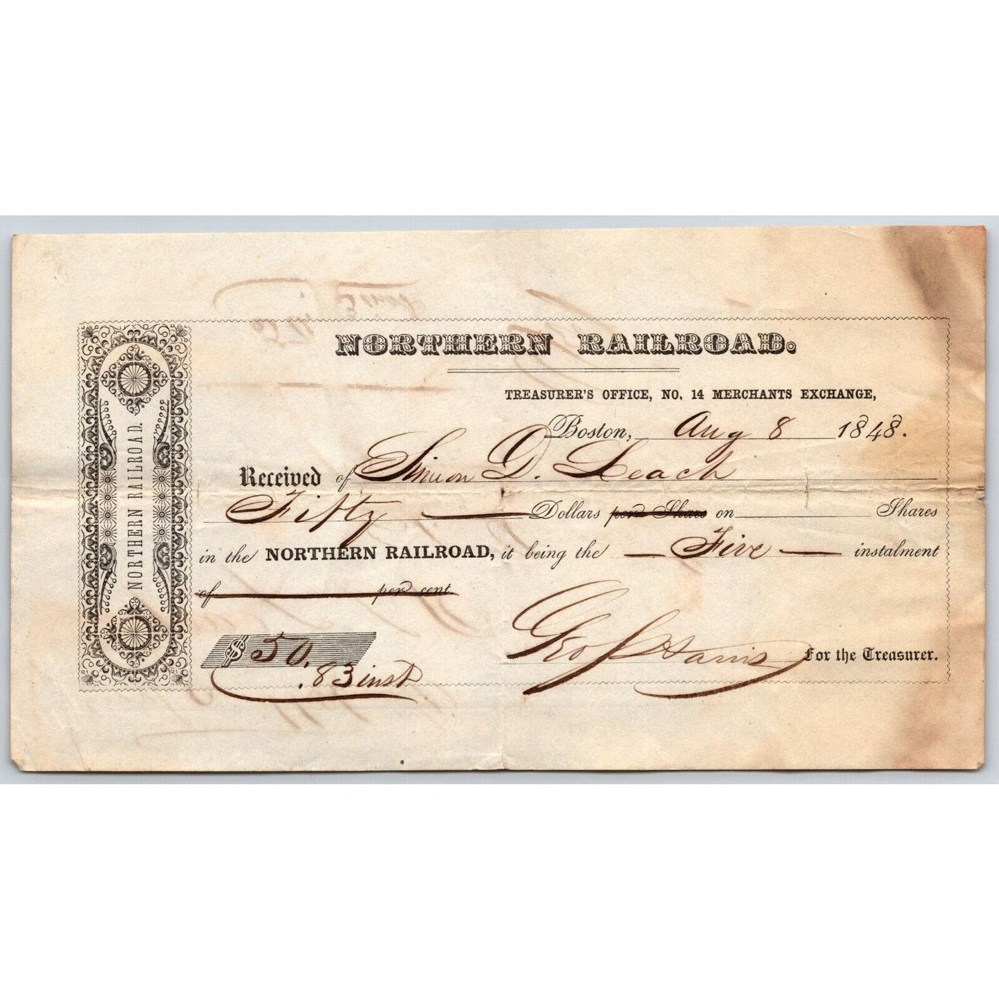 1848 Boston, MA - Northern Railroad Treasurer Stock Receipt Simon D. Leach