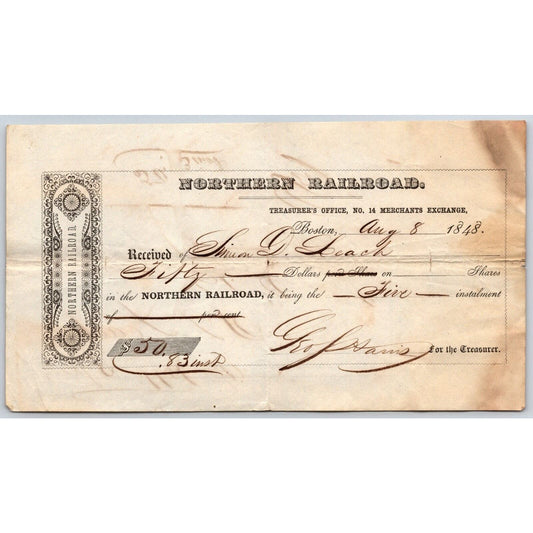1848 Boston, MA - Northern Railroad Treasurer Stock Receipt Simon D. Leach