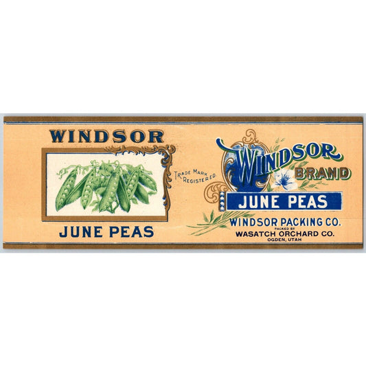 Windsor June Peas Paper Can Label Wasatch Orchard Co. Ogdon, UT c1915-20's