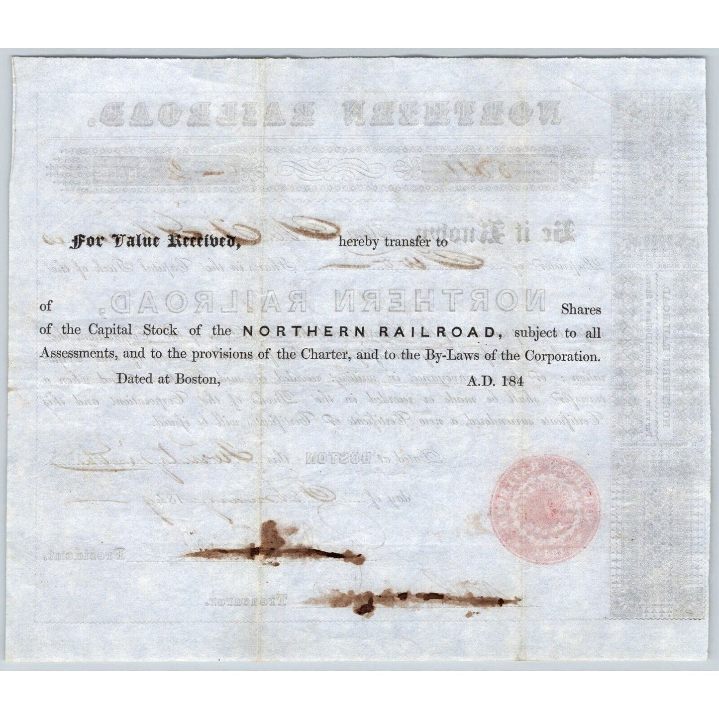 1849 Boston, MA Northern Railroad Stock Certificate No. 5011 for 2 Shares