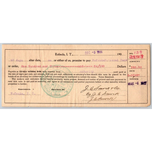Eufaula Indian Territory Oklahoma 1906 Burdett Mercantile $103 Promissory Note