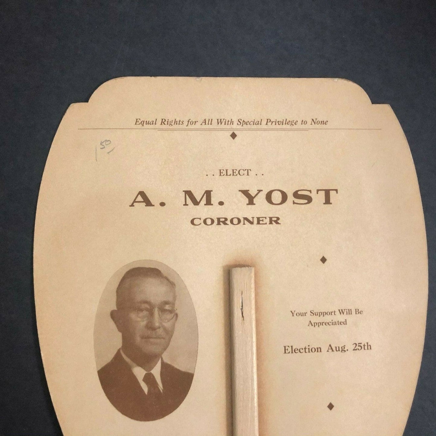 c1940 Advertising Hand Paper Fan "Elect A. M. Yost for Coroner" (Fresno) Cowboy