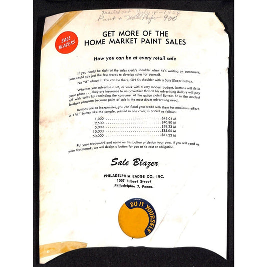 1954 "Do It Yourself" Paint Pinback Button on Catalog Salesman's Sample Sheet