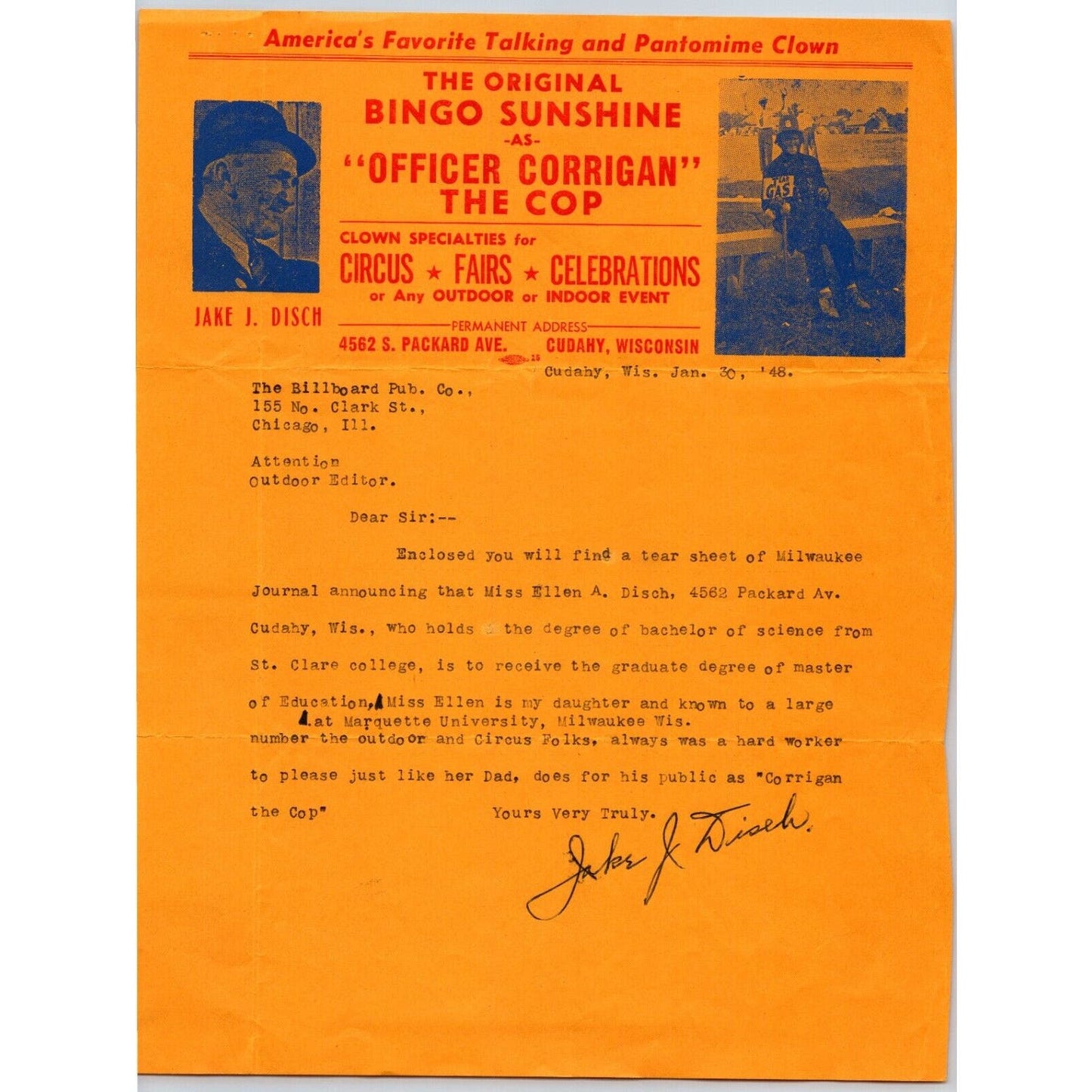 Jake J. Disch Bingo Sunshine Circus Letterhead Stationary c1948 Signed Scarce