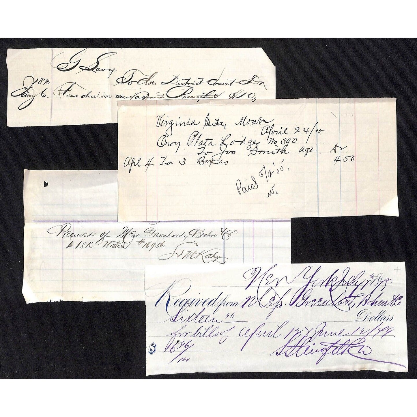 Hand Written Receipts Check - 3 1870's & 1 905 - New York Virginia City, Montana