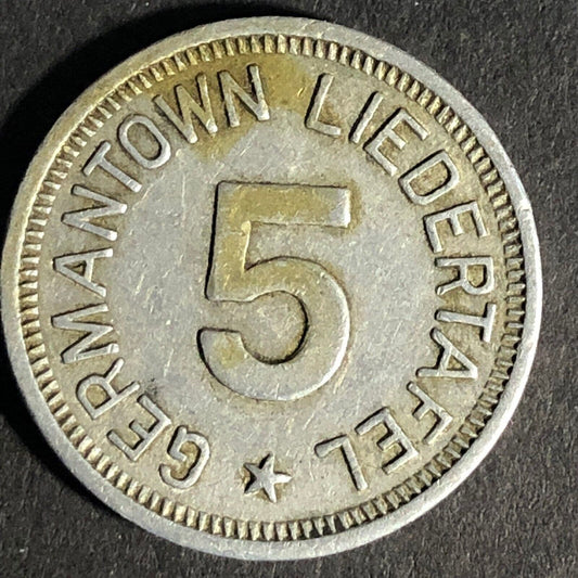 Germantown Liedertafel "5" Alum. Token 22.77mm w/ Lyre Very Scarce Philly Area