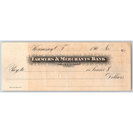 Hennessey, OK Indian Territory 1904 Bank Check Used as a Receipt Estate Sale