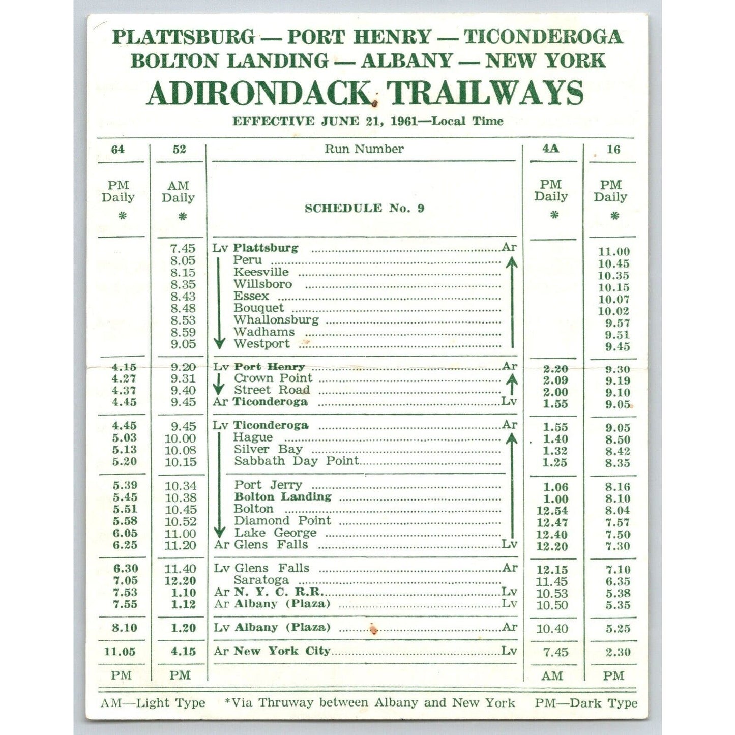 Adirondack, Trailways 1961 Bus Route Time Table Sheet