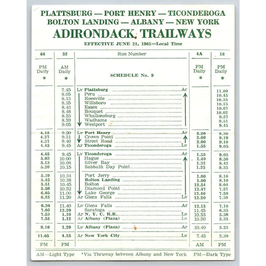 Adirondack, Trailways 1961 Bus Route Time Table Sheet