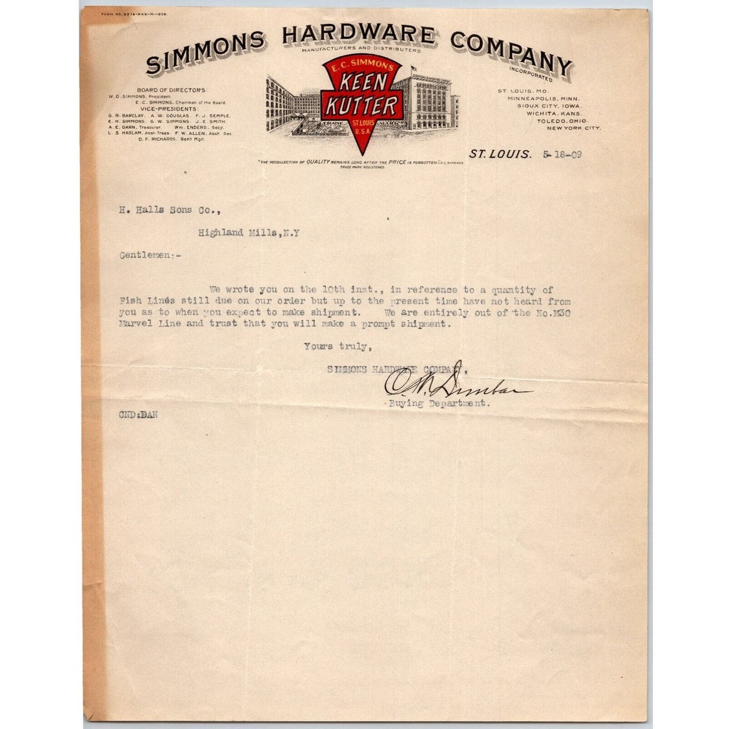 Keen Kutter Simmons Hardware Co St. Louis 1909 Letterhead Henry Hall Rods
