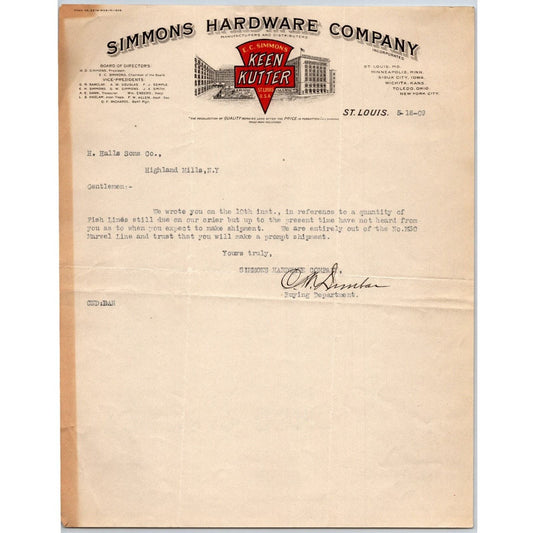Keen Kutter Simmons Hardware Co St. Louis 1909 Letterhead Henry Hall Rods